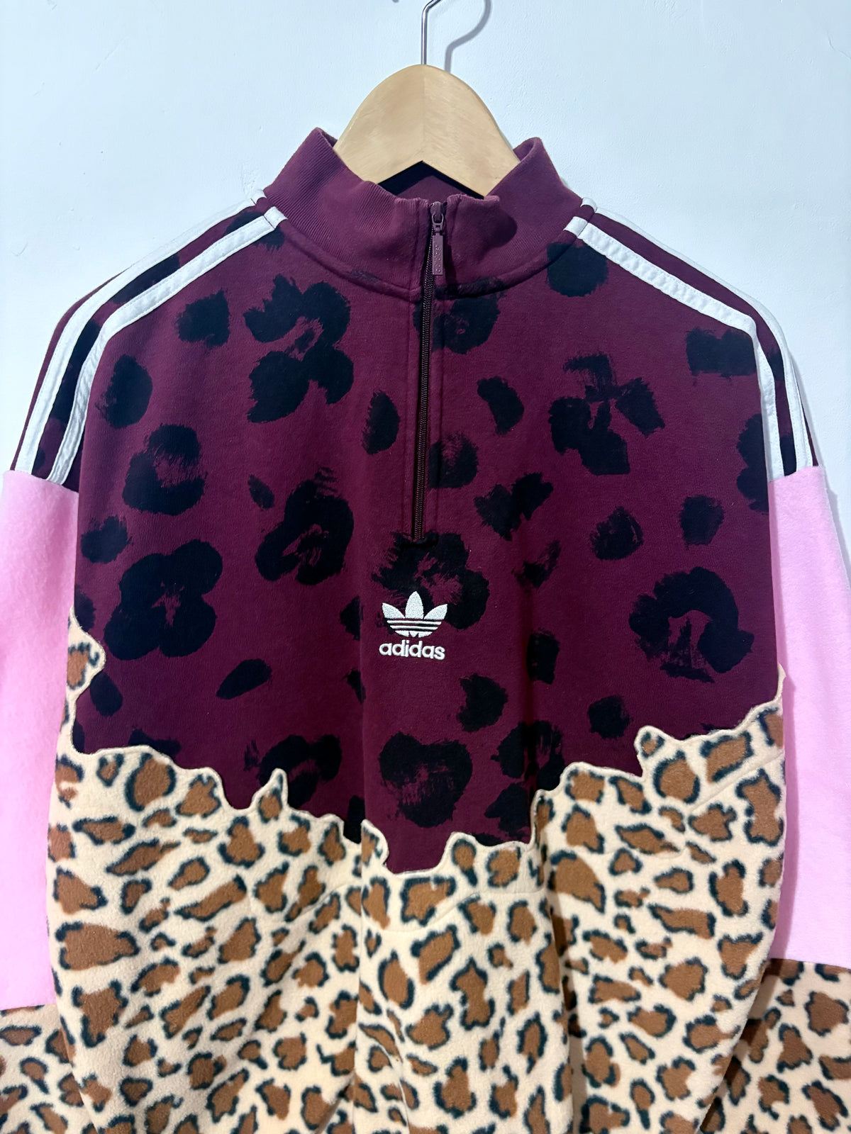 Y2K burgundy adidas logo leopard print and pink fleece patchwork 1/4 zip neck sweatshirt.