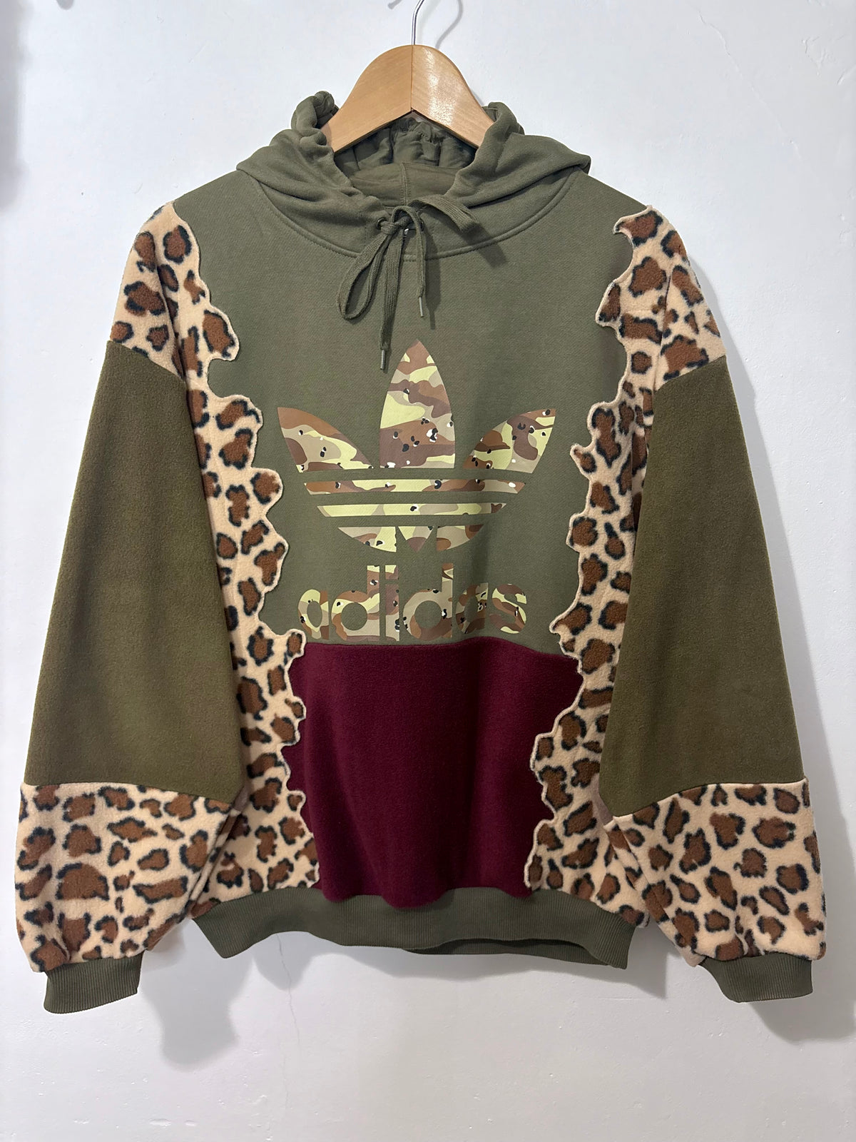 Y2K khaki adidas camouflage logo leopard print and burgundy fleece patchwork hoodie sweatshirt.