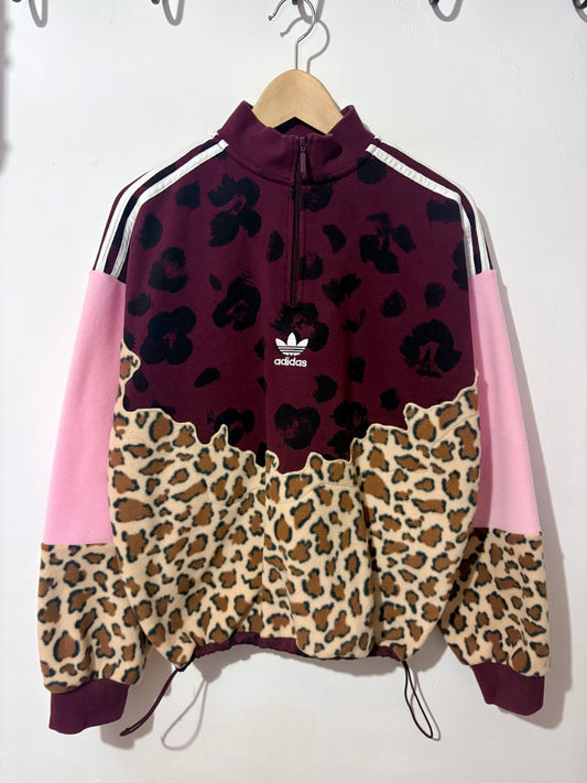 Y2K burgundy adidas logo leopard print and pink fleece patchwork 1/4 zip neck sweatshirt.