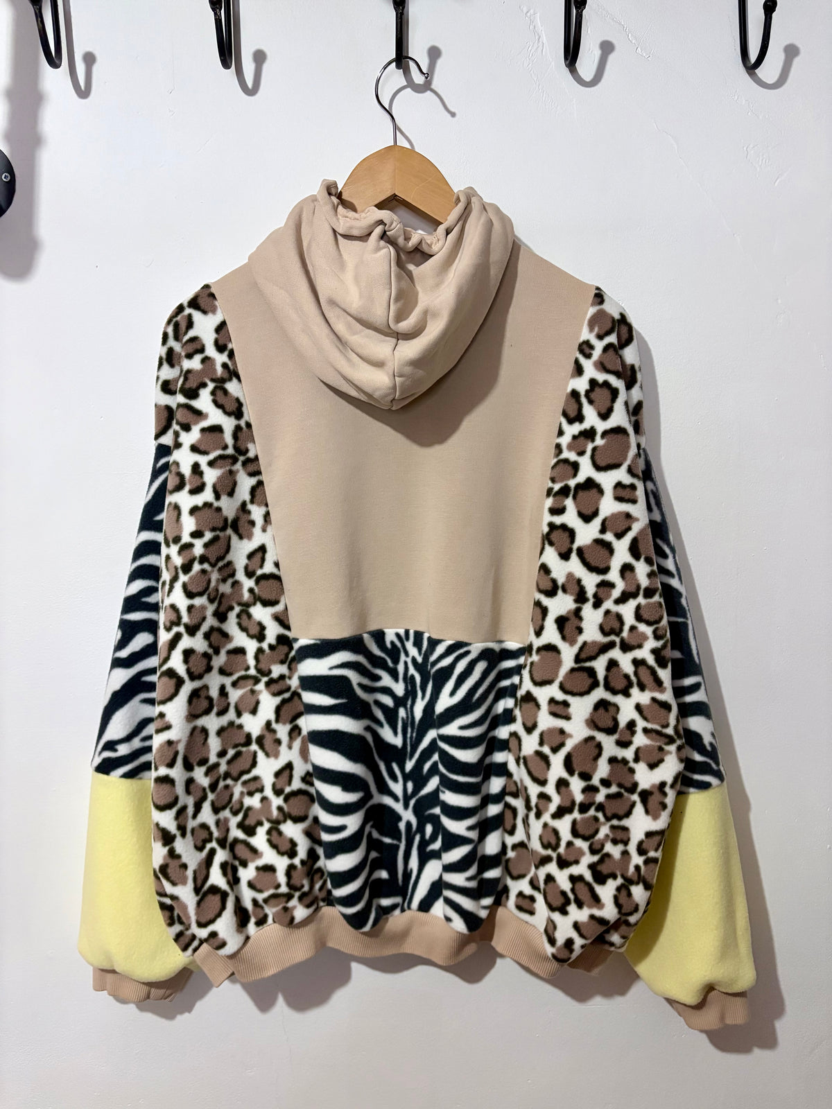 Y2K cream adidas zebra, leopard and butter yellow fleece patchwork hoodie sweatshirt.