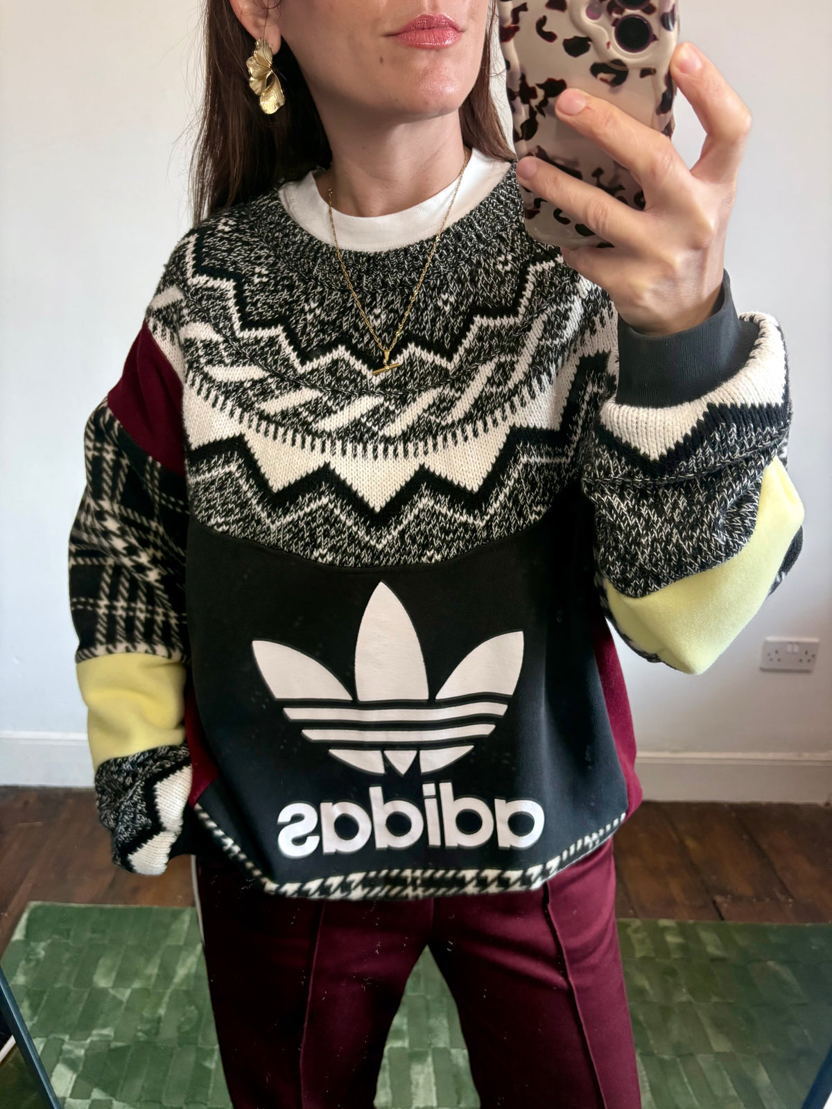 Vintage adidas logo Fair Isle pattern knit burgundy, butter yellow patchwork sweatshirt.