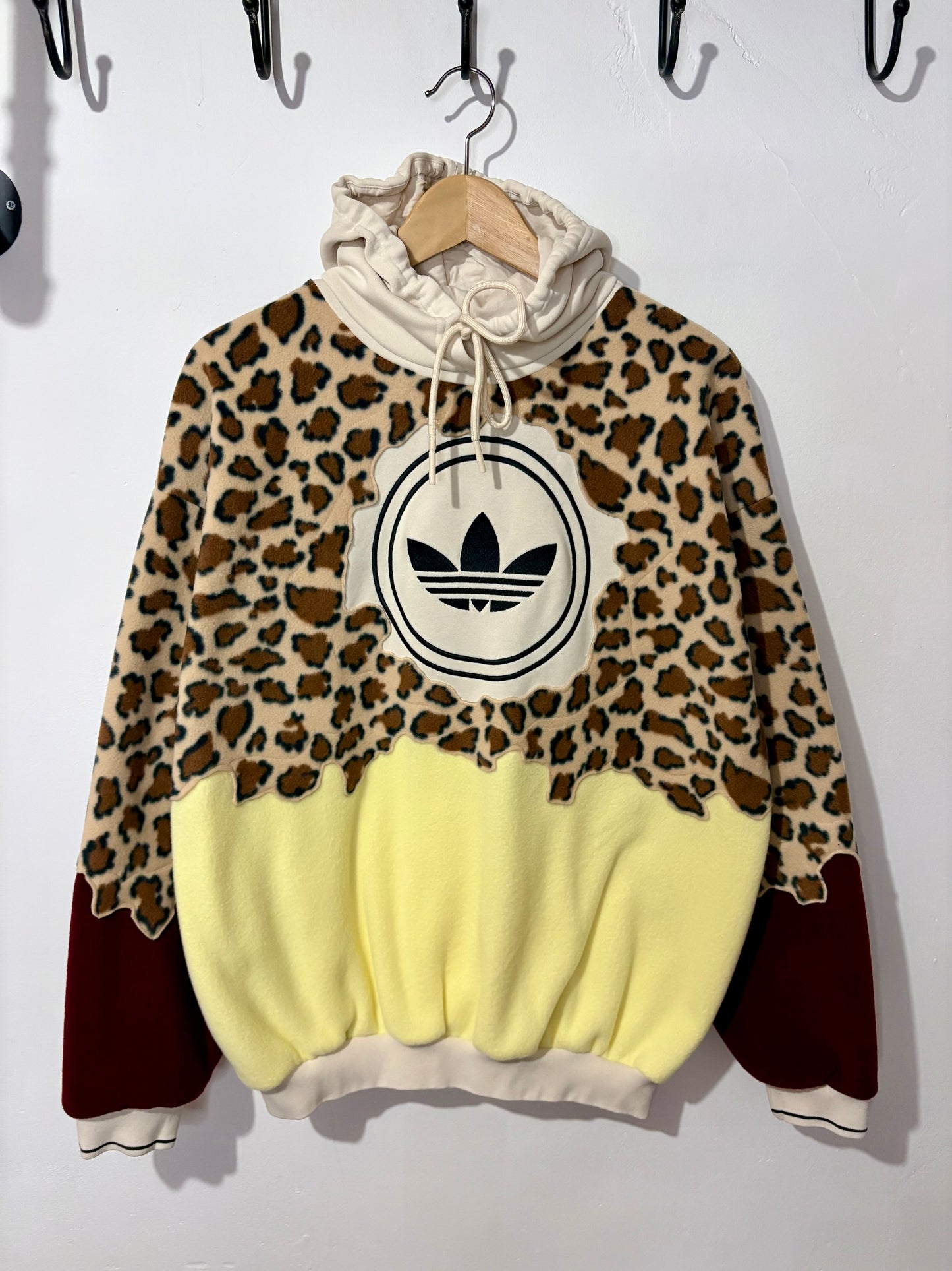 Y2K adidas leopard print, butter yellow, burgundy patchwork fleece hoodie sweatshirt.