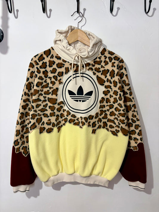 Y2K adidas leopard print, butter yellow, burgundy patchwork fleece hoodie sweatshirt.