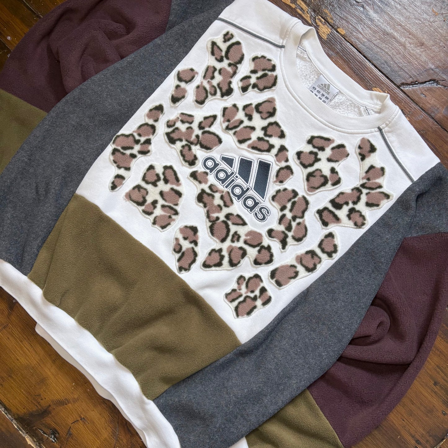 Leopard print fleece patchwork adidas logo sweatshirt