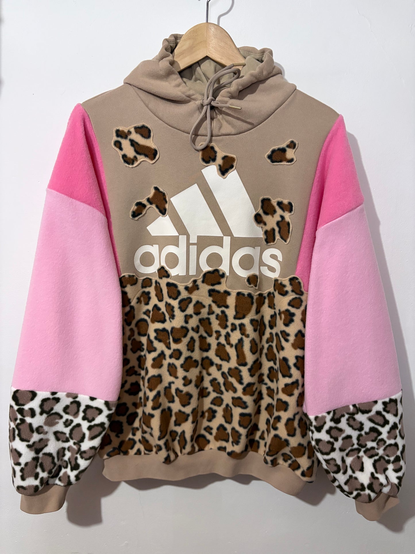 Y2K beige adidas leopard, animal print, pink patchwork fleece hoodie sweatshirt.