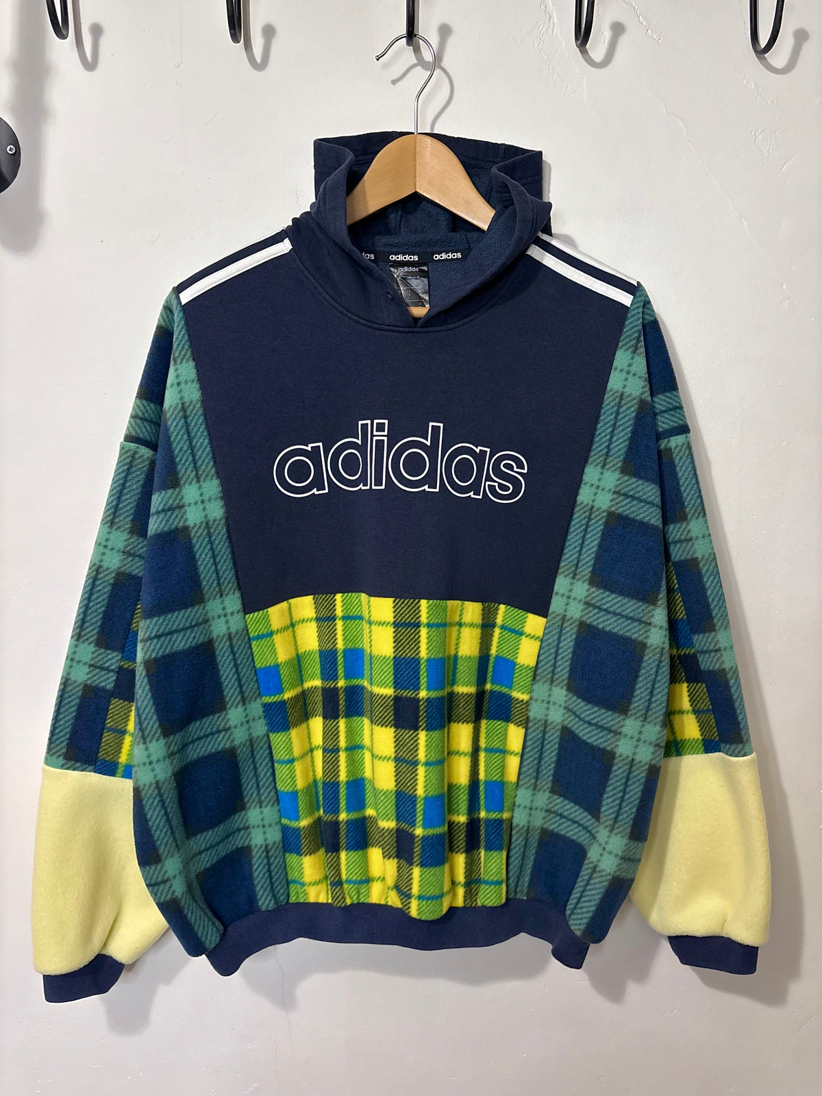 Y2K navy adidas spell out logo clashing checked tartan patchwork hoodie sweatshirt.