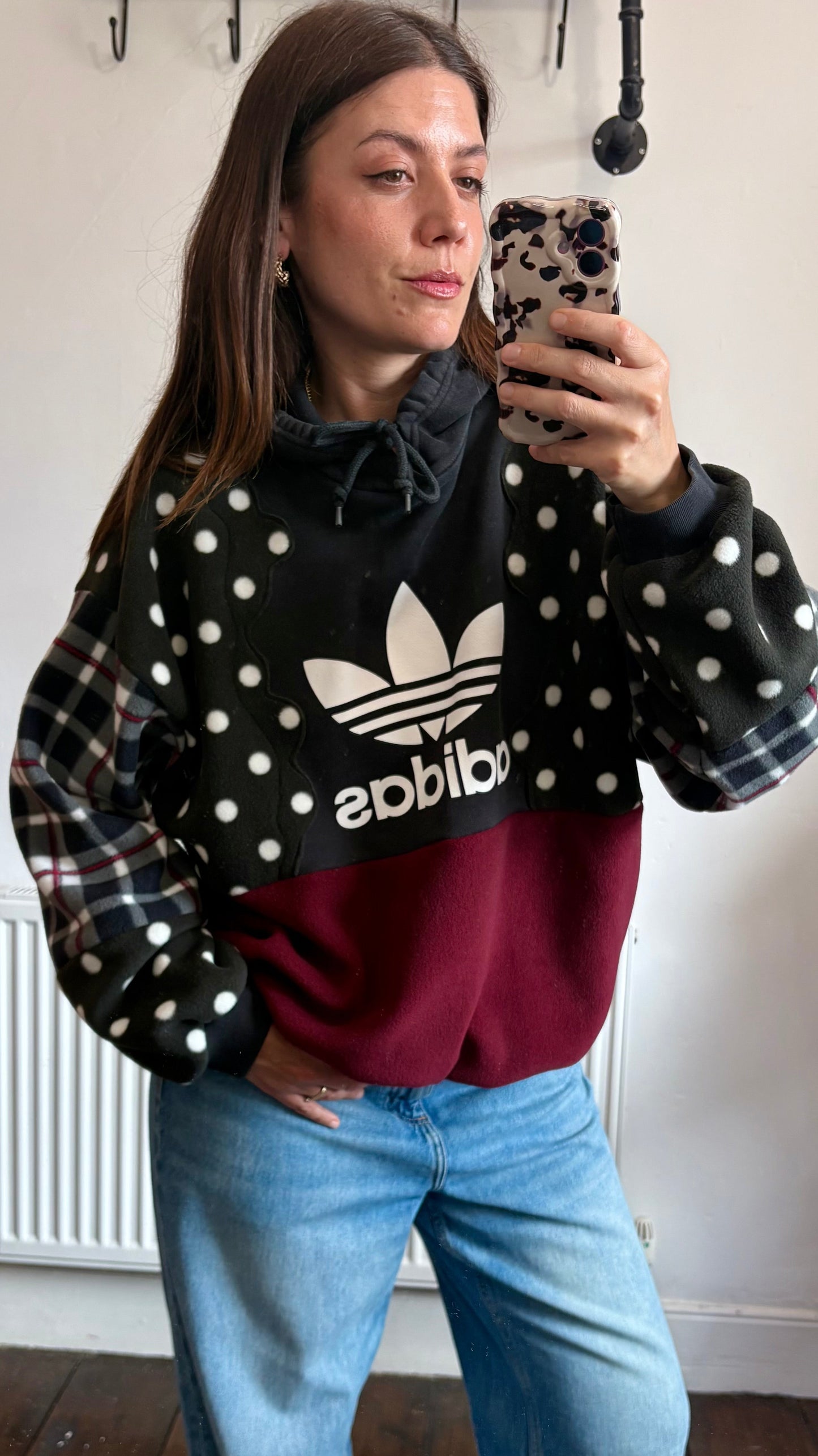 Y2K adidas polka dot, tartan, checked, burgundy fleece patchwork hoodie sweatshirt.
