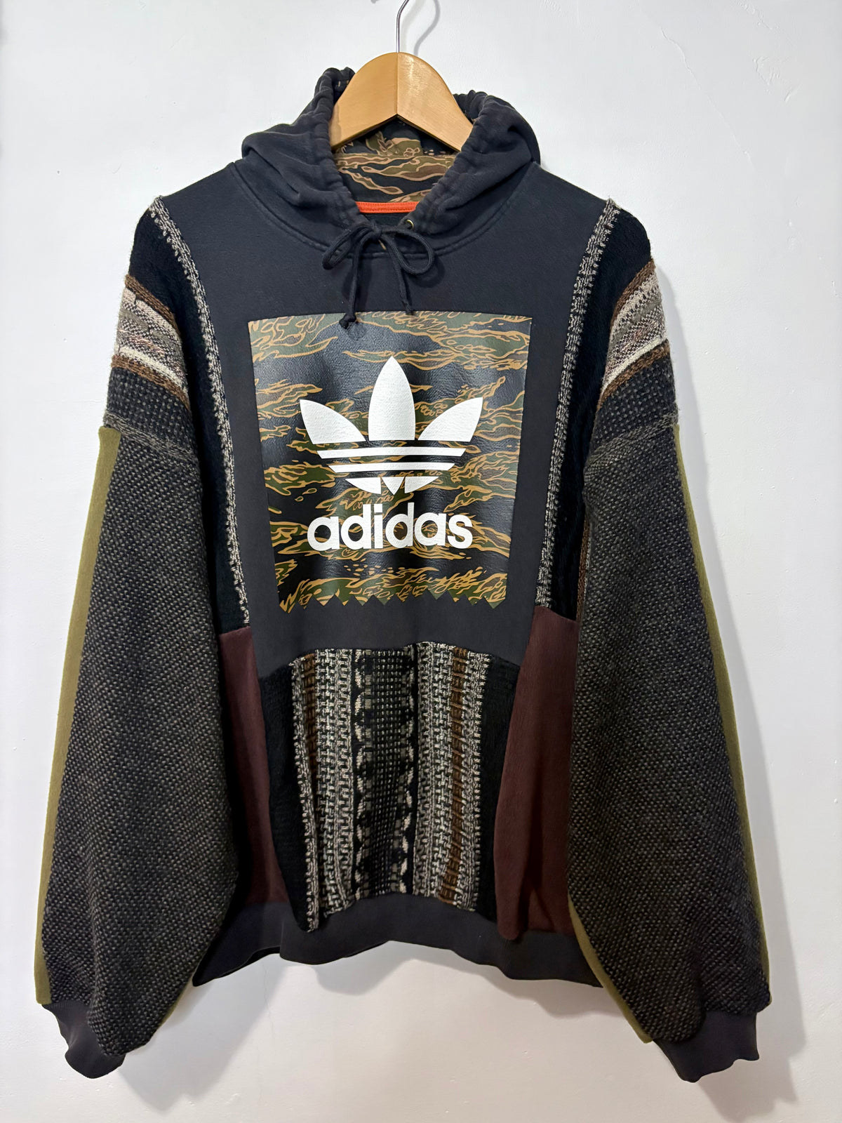 Vintage camouflage adidas logo funky stripe knit patchwork hoodie sweatshirt.