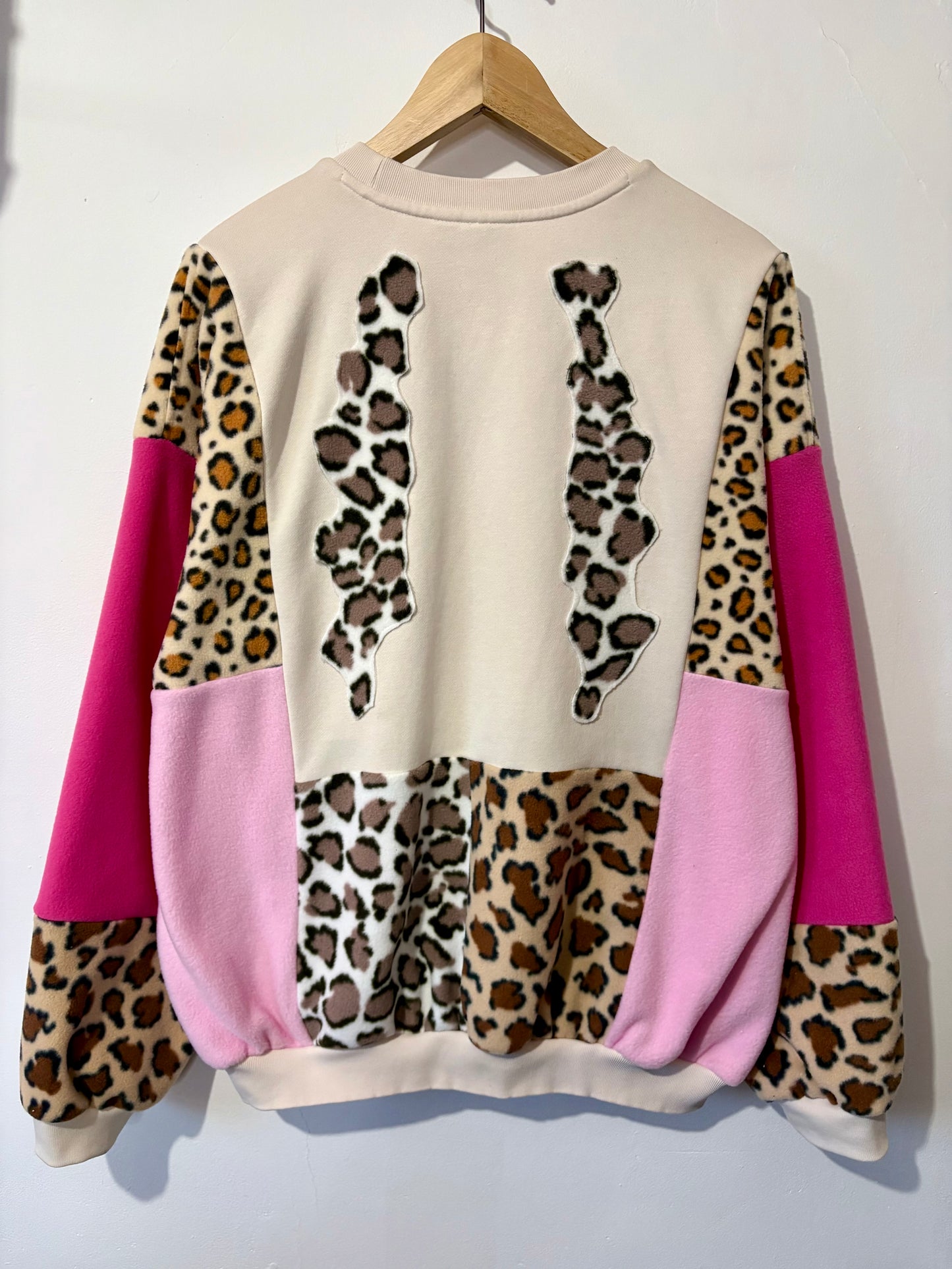 Y2K cream adidas leopard, animal print, pink patchwork fleece sweatshirt.