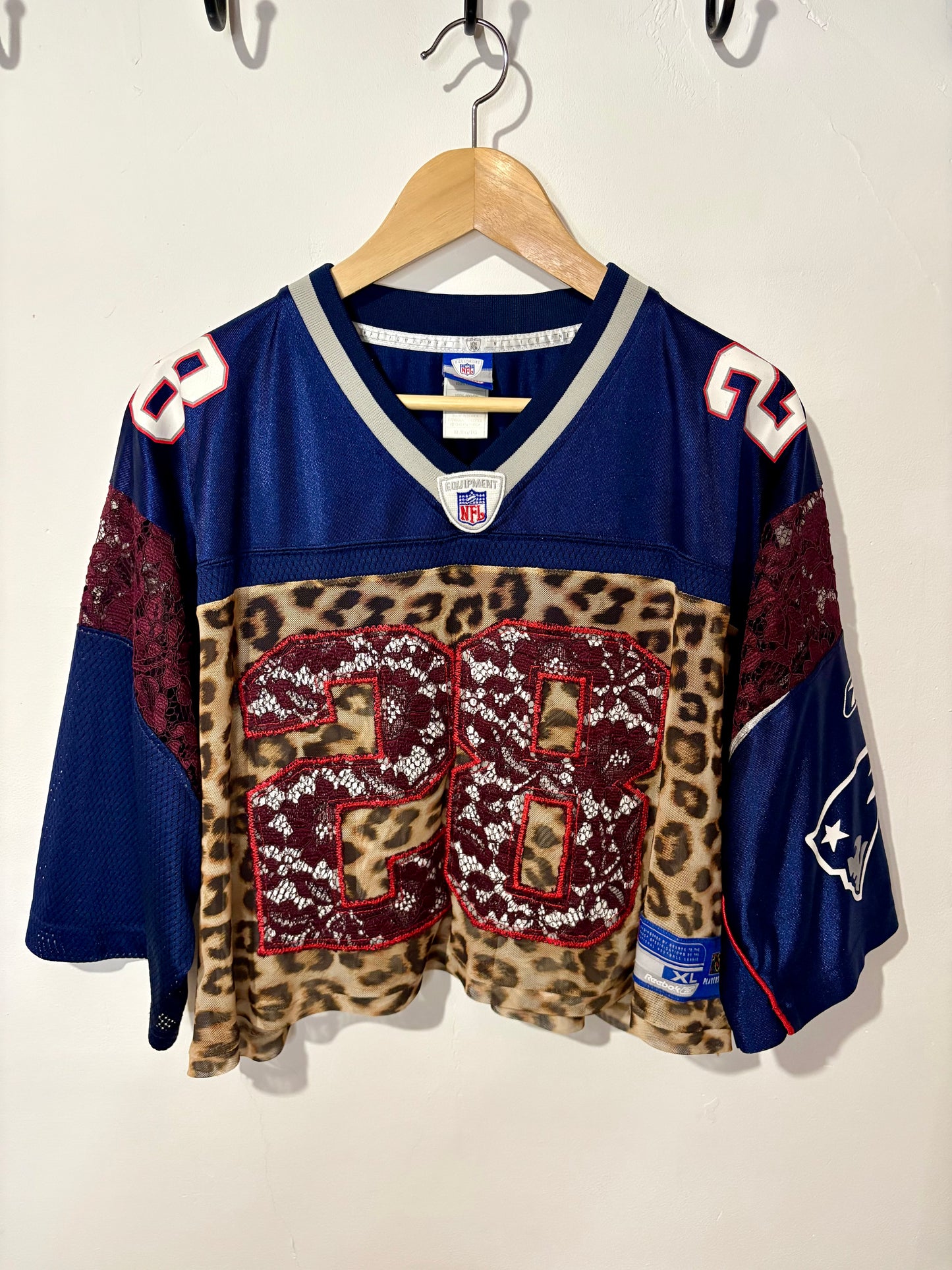 Vintage Y2K Reebok NFL New England Patriots leopard mesh, burgundy lace patchwork cropped jersey tshirt.