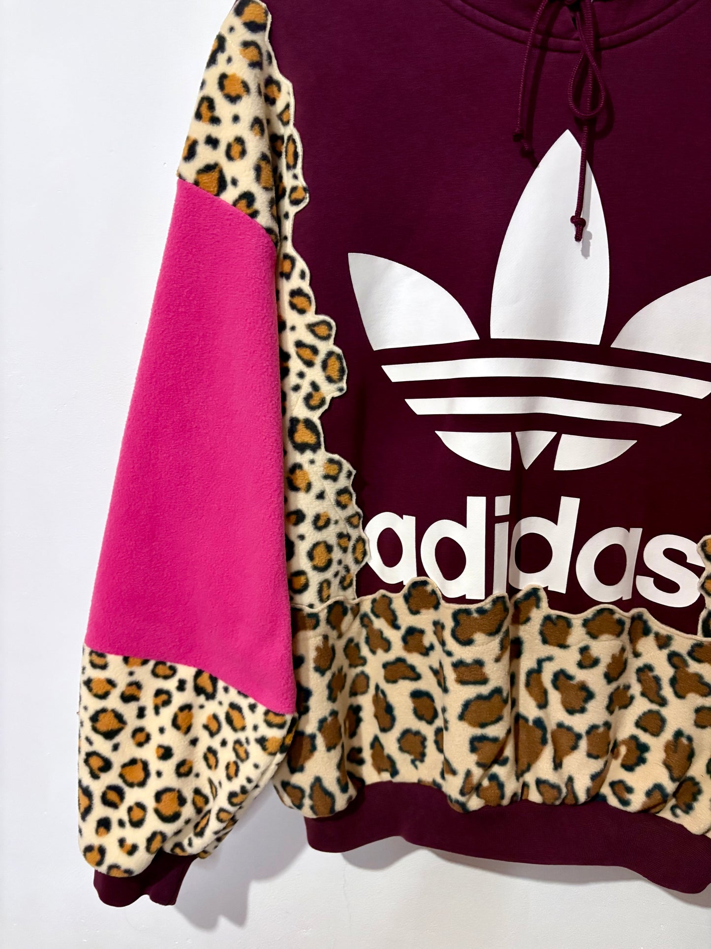 Y2K burgundy adidas leopard animal print, pink patchwork fleece hoodie sweatshirt