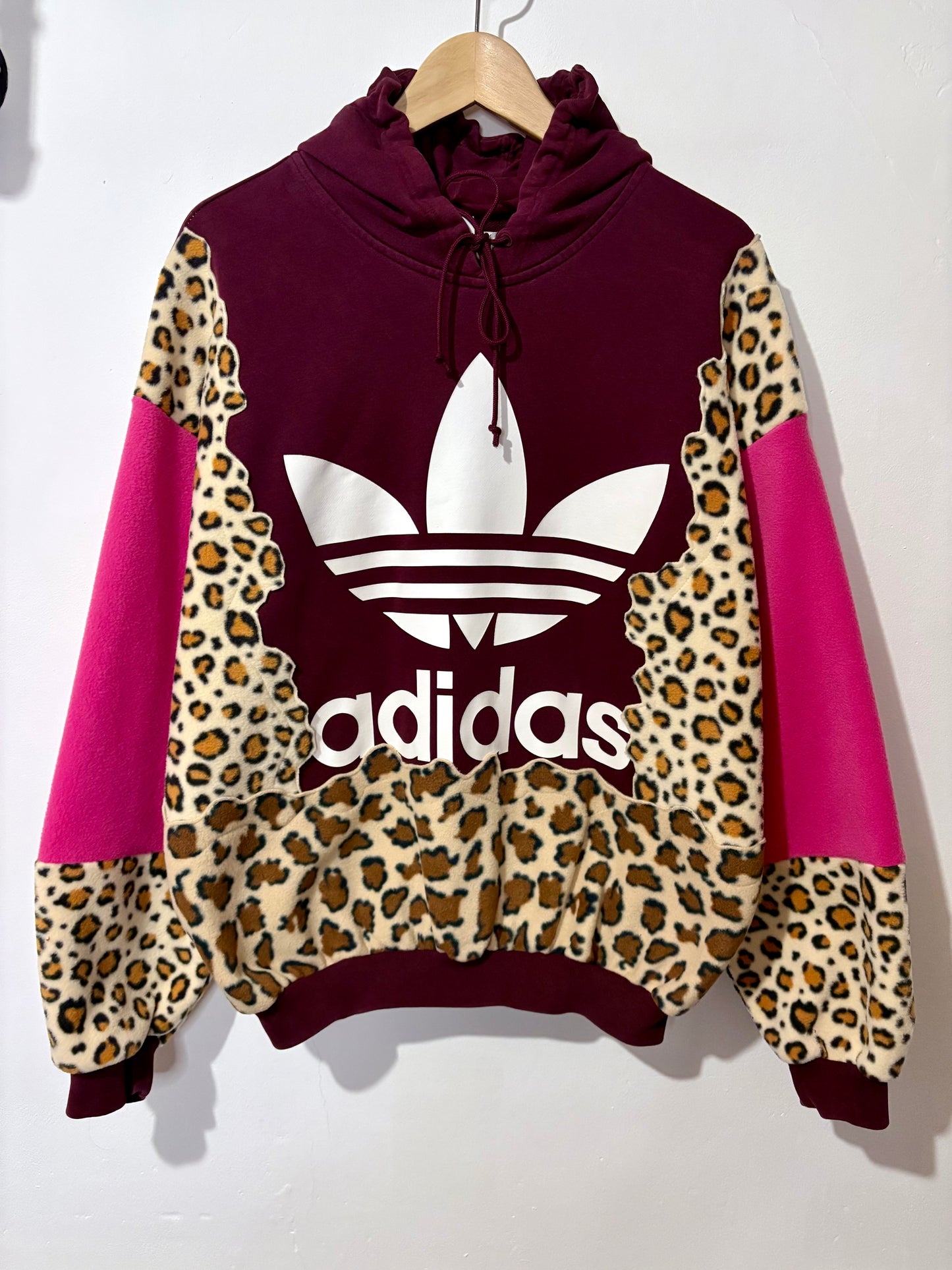 Y2K burgundy adidas leopard animal print, pink patchwork fleece hoodie sweatshirt
