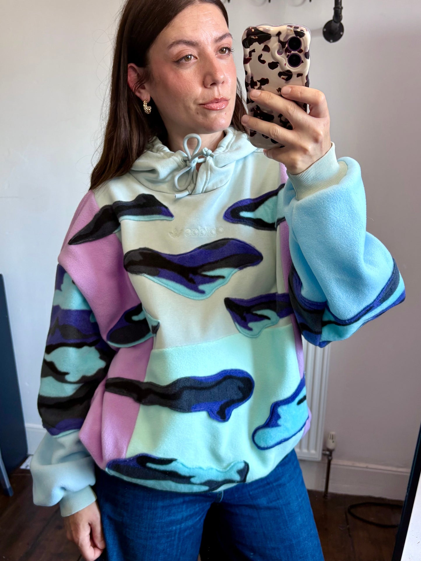 Y2K mint green adidas pastel camouflage patchwork fleece hoodie sweatshirt.