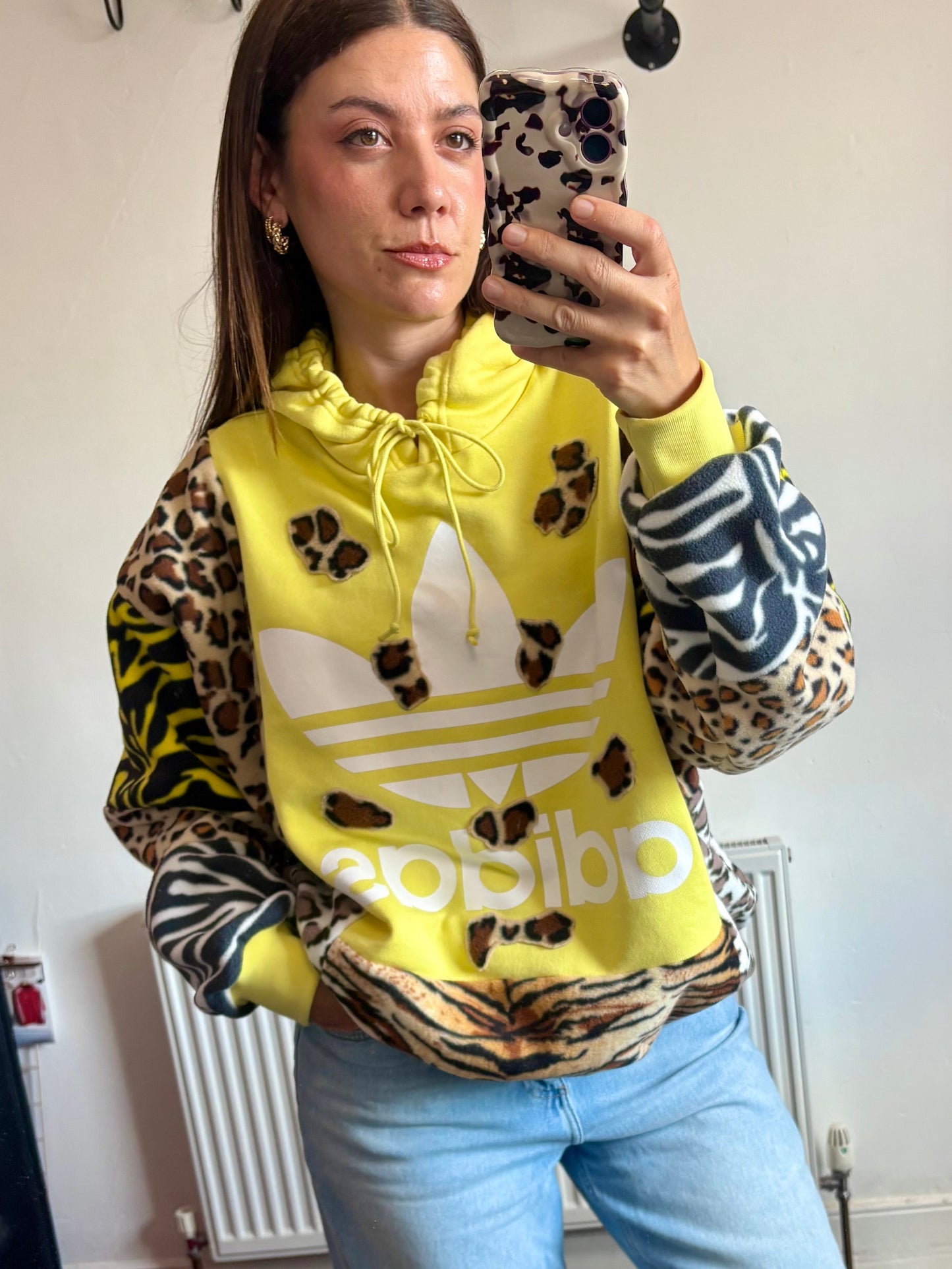 Y2K yellow adidas leopard animal print, patchwork fleece hoodie sweatshirt.