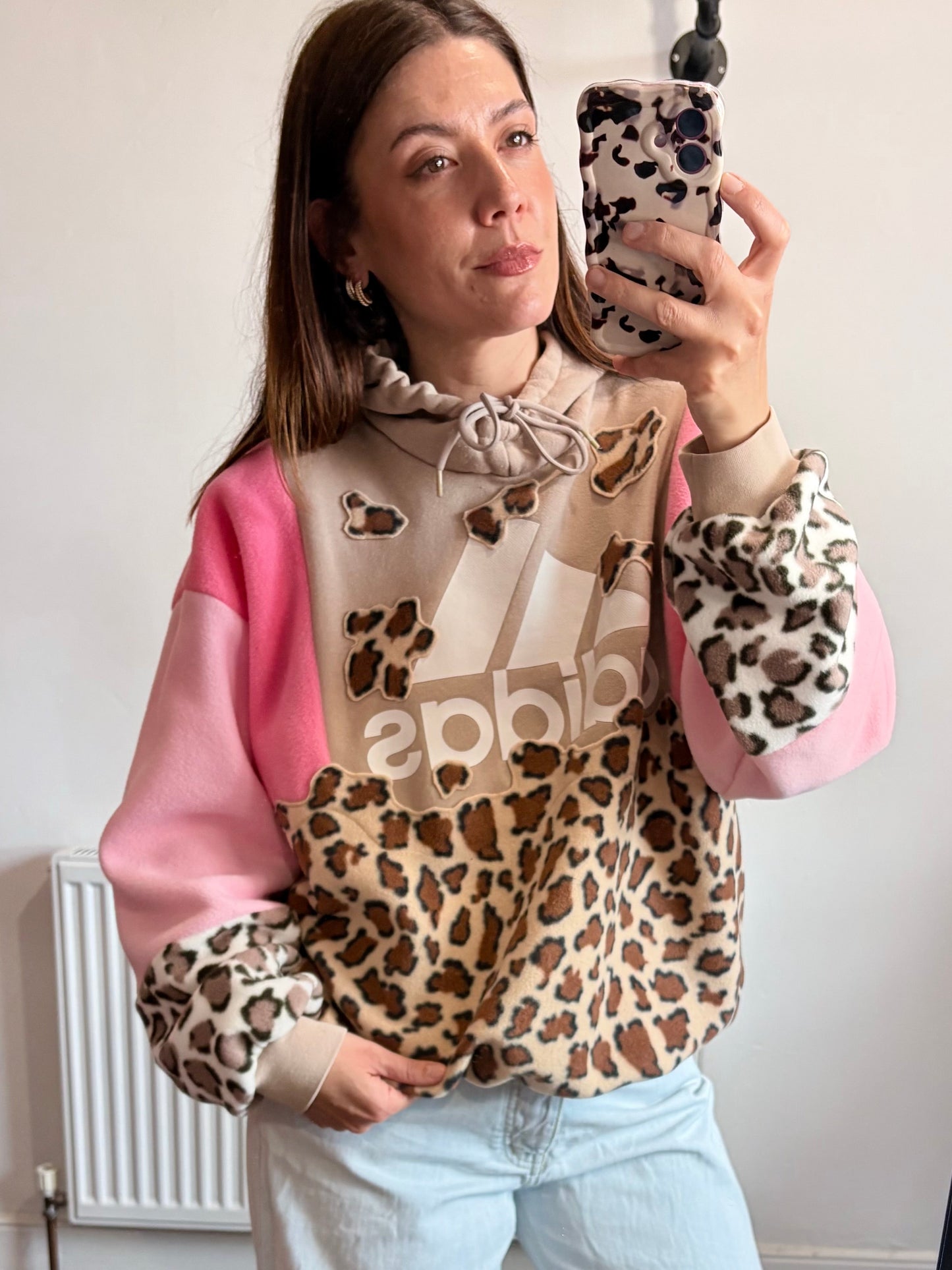 Y2K beige adidas leopard, animal print, pink patchwork fleece hoodie sweatshirt.