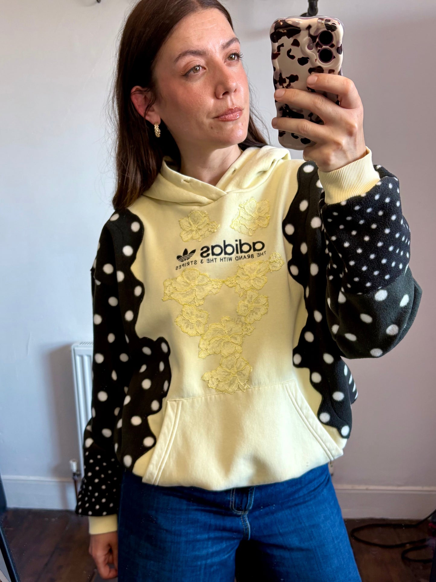 Y2K butter yellow adidas lace and polka dot patchwork hoodie sweatshirt.