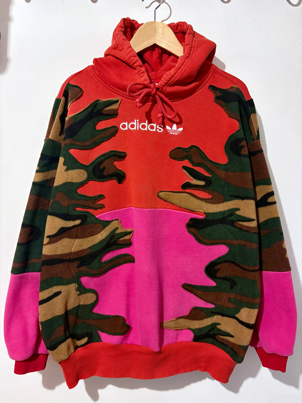 Y2K red adidas camouflage and pink patchwork fleece hoodie sweatshirt.