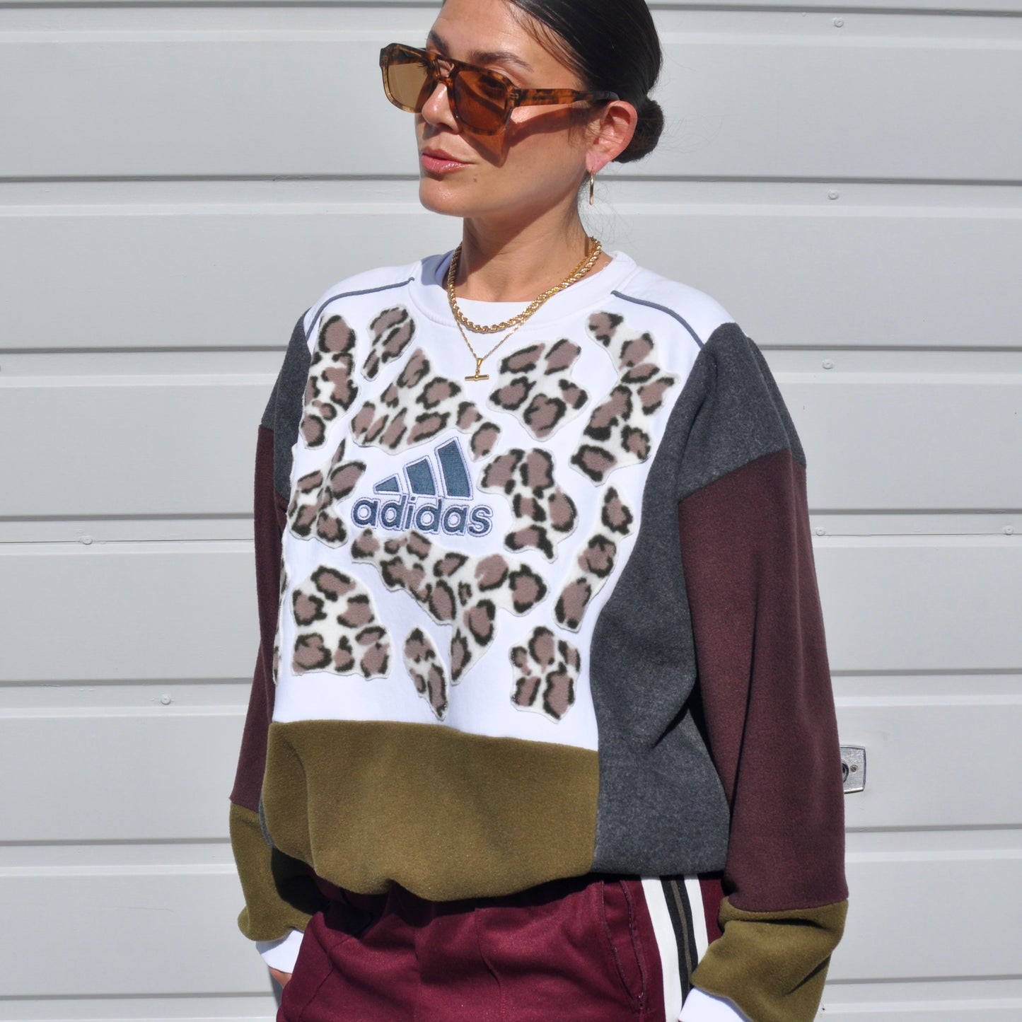Leopard print fleece patchwork adidas logo sweatshirt