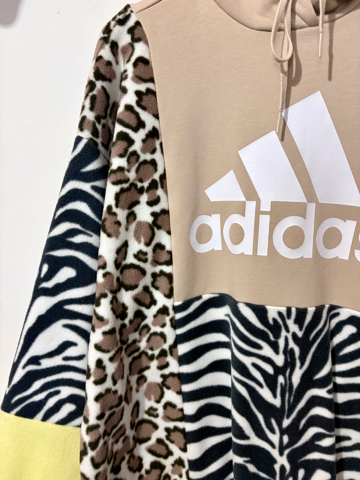 Y2K cream adidas zebra, leopard and butter yellow fleece patchwork hoodie sweatshirt.
