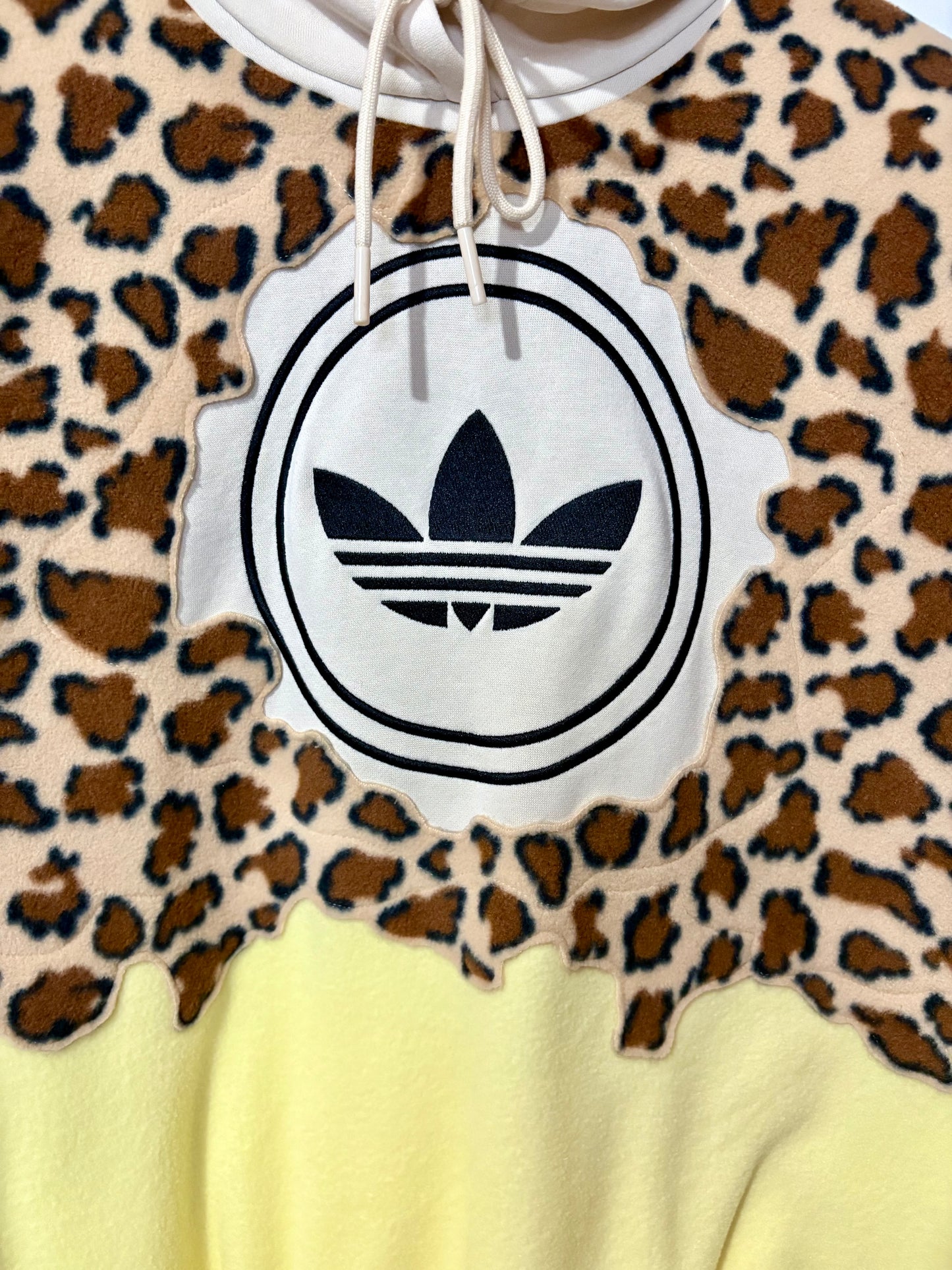Y2K adidas leopard print, butter yellow, burgundy patchwork fleece hoodie sweatshirt.