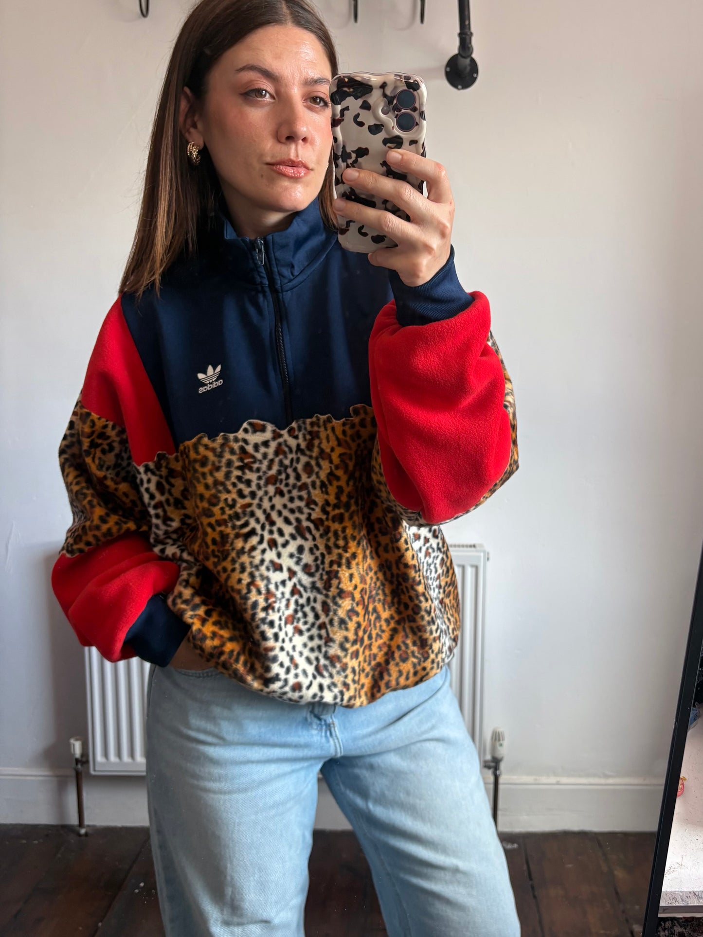 Vintage Y2K Adidas cheetah leopard short fur patchwork 1/4 zip track jacket sweatshirt.