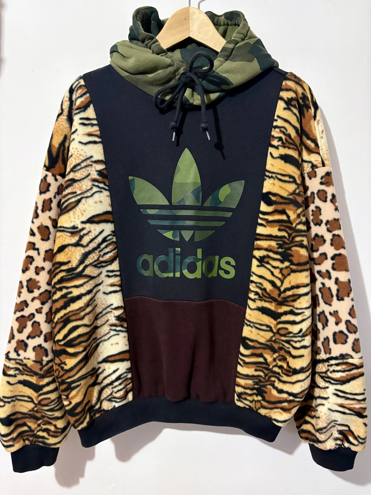 Y2K black adidas camouflage logo tiger and leopard fleece patchwork hoodie sweatshirt.
