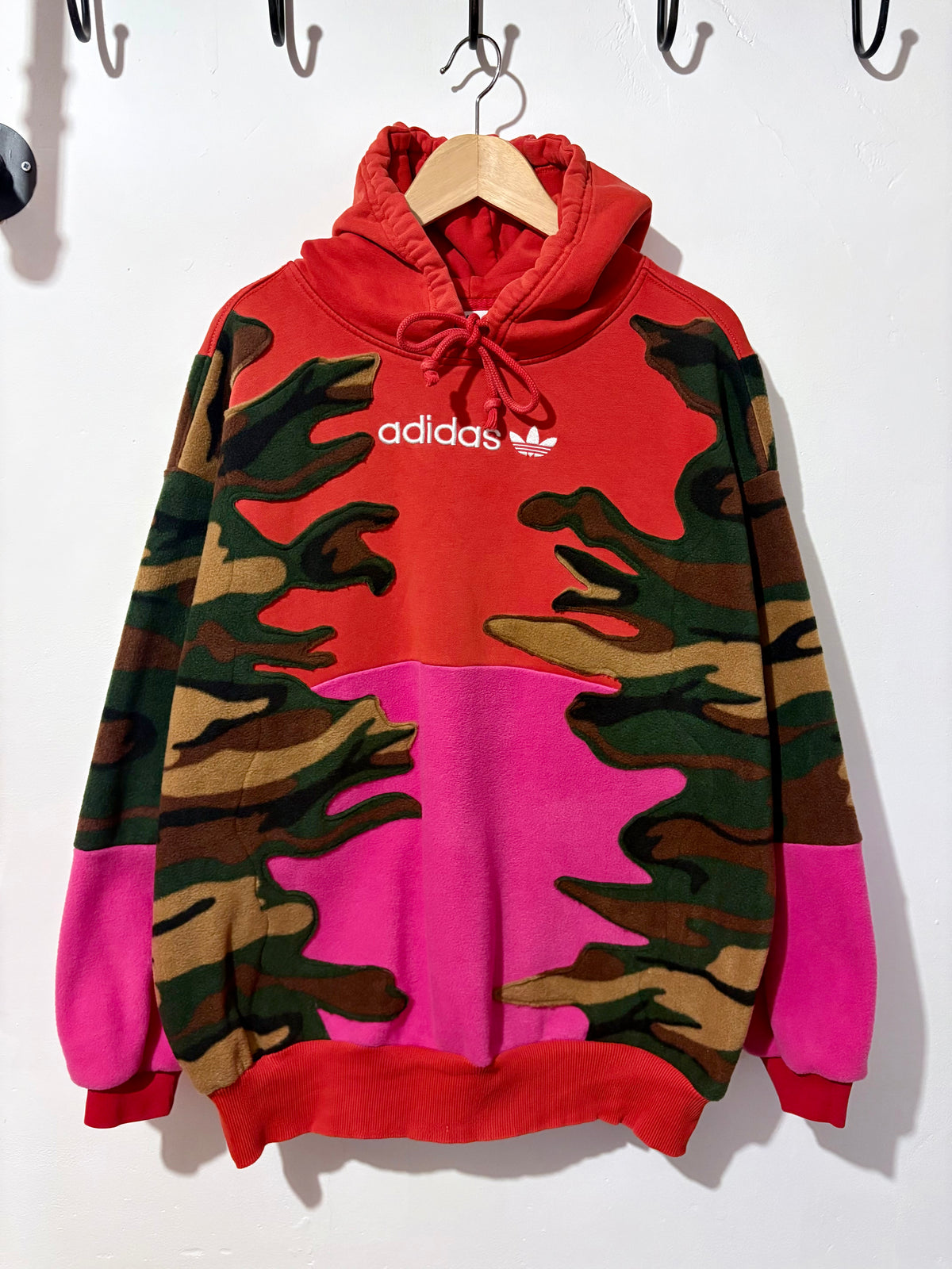 Y2K red adidas camouflage and pink patchwork fleece hoodie sweatshirt.
