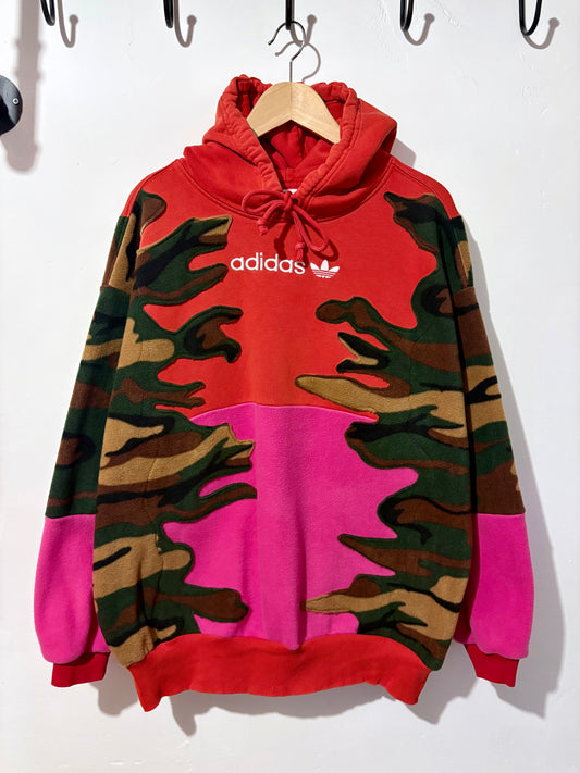 Y2K red adidas camouflage and pink patchwork fleece hoodie sweatshirt.