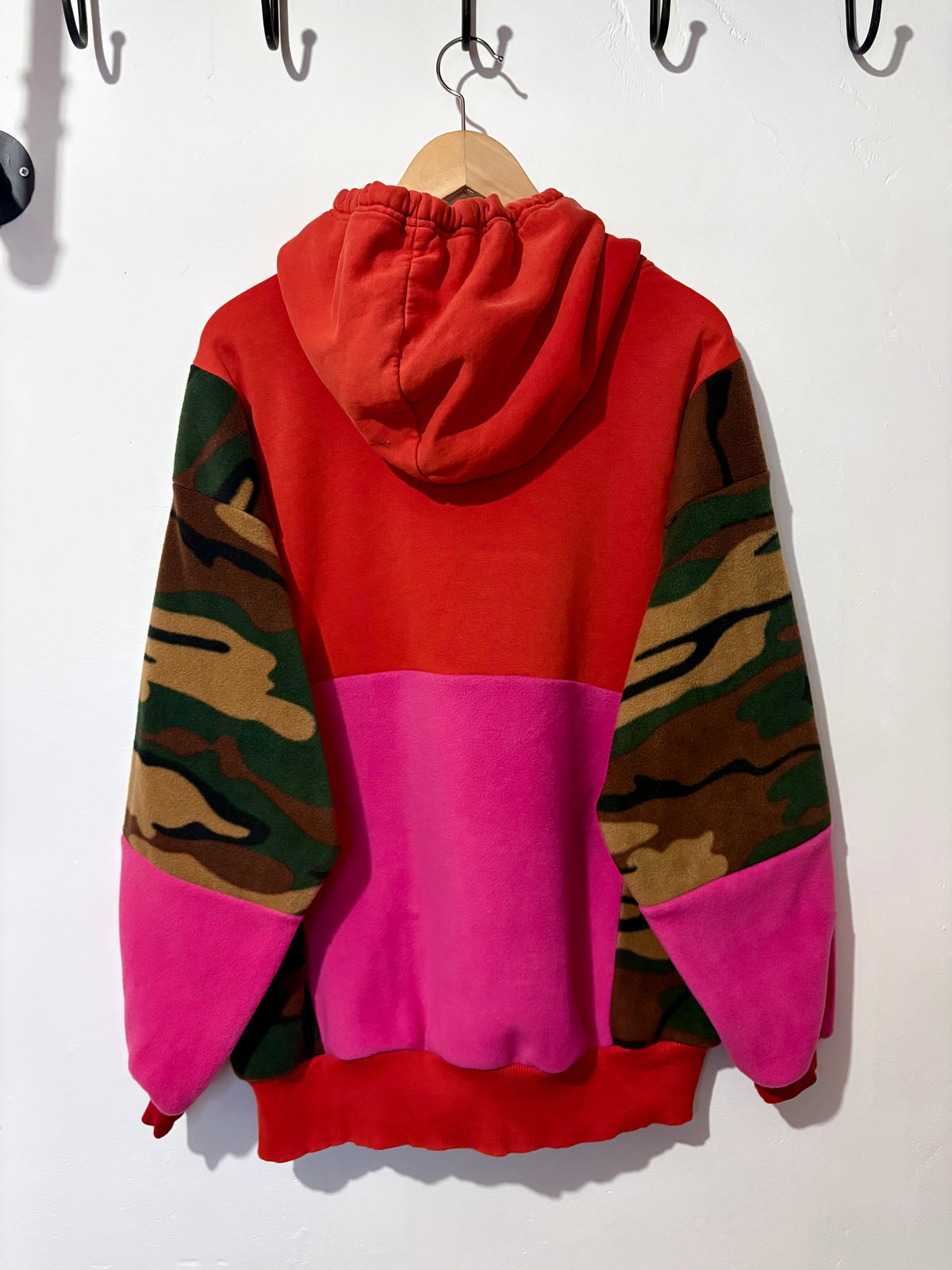 Y2K red adidas camouflage and pink patchwork fleece hoodie sweatshirt.