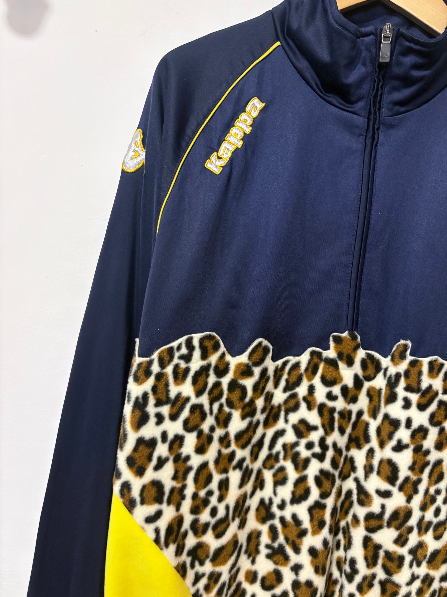 Vintage Y2K Kappa leopard print yellow patchwork fleece 1/4 zip track jacket sweatshirt.