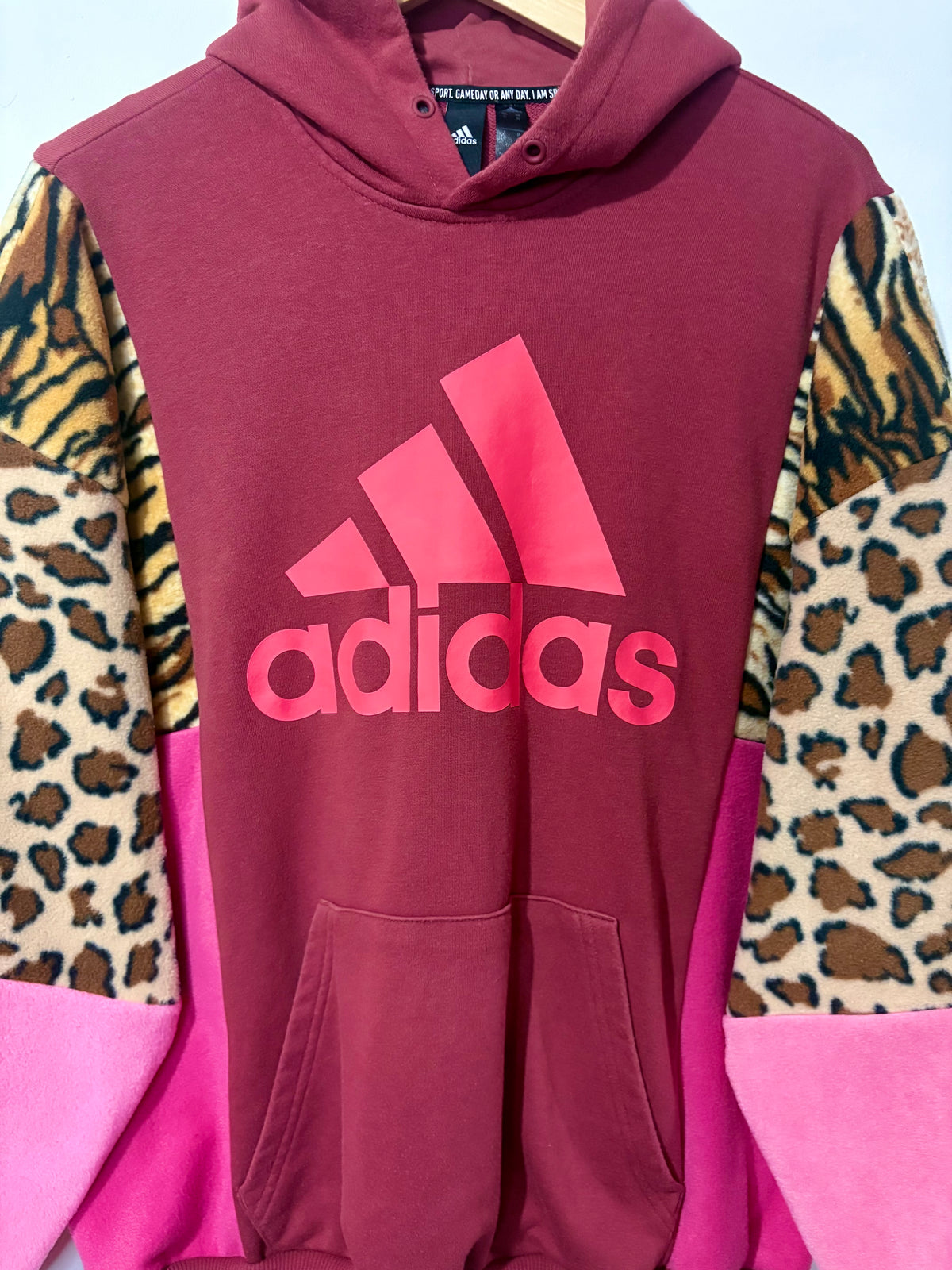 Y2K rust adidas tiger, leopard print and pink fleece patchwork hoodie sweatshirt.