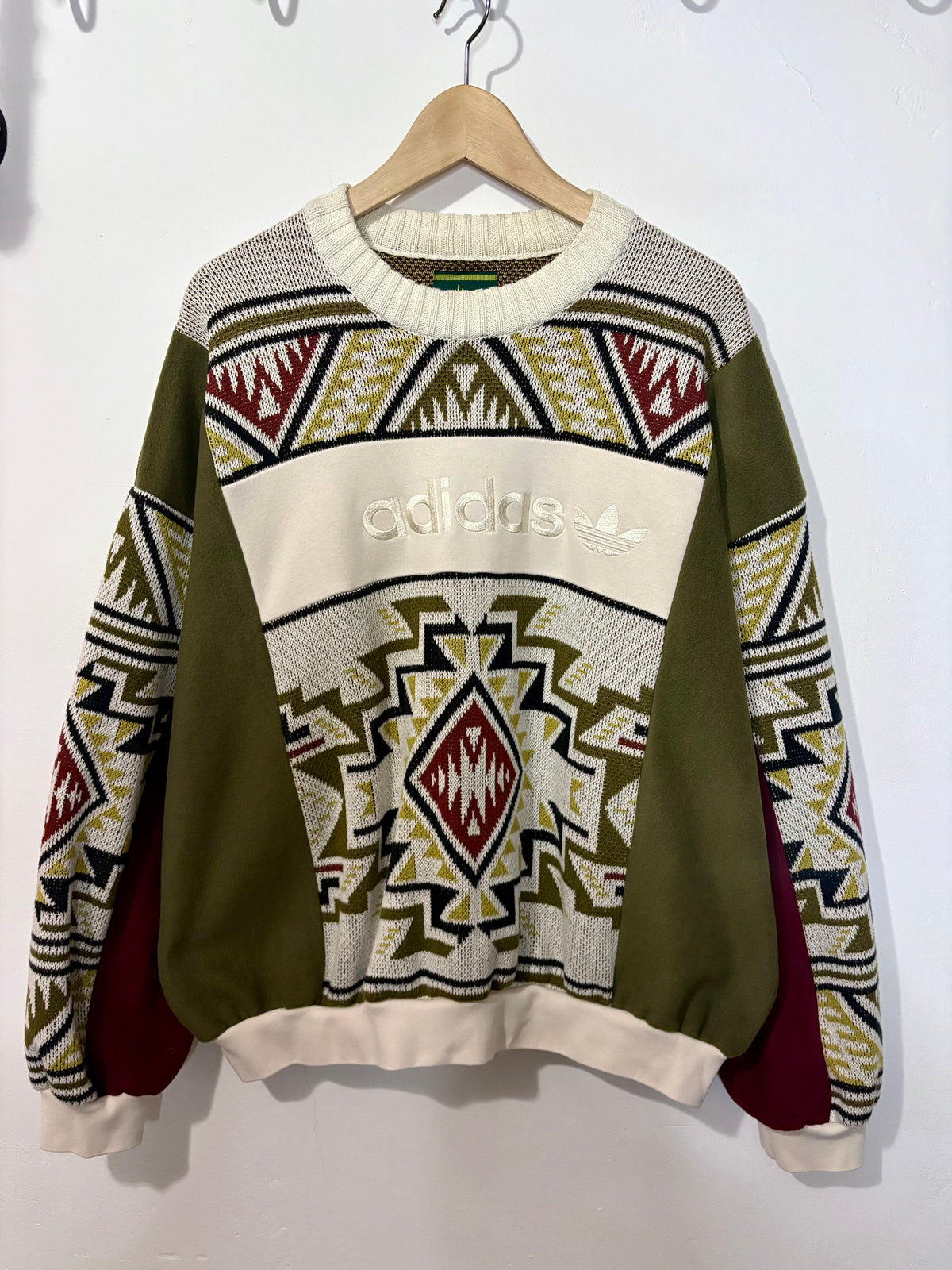 Vintage cream adidas logo funky pattern knit patchwork burgundy, khaki fleece sweatshirt.