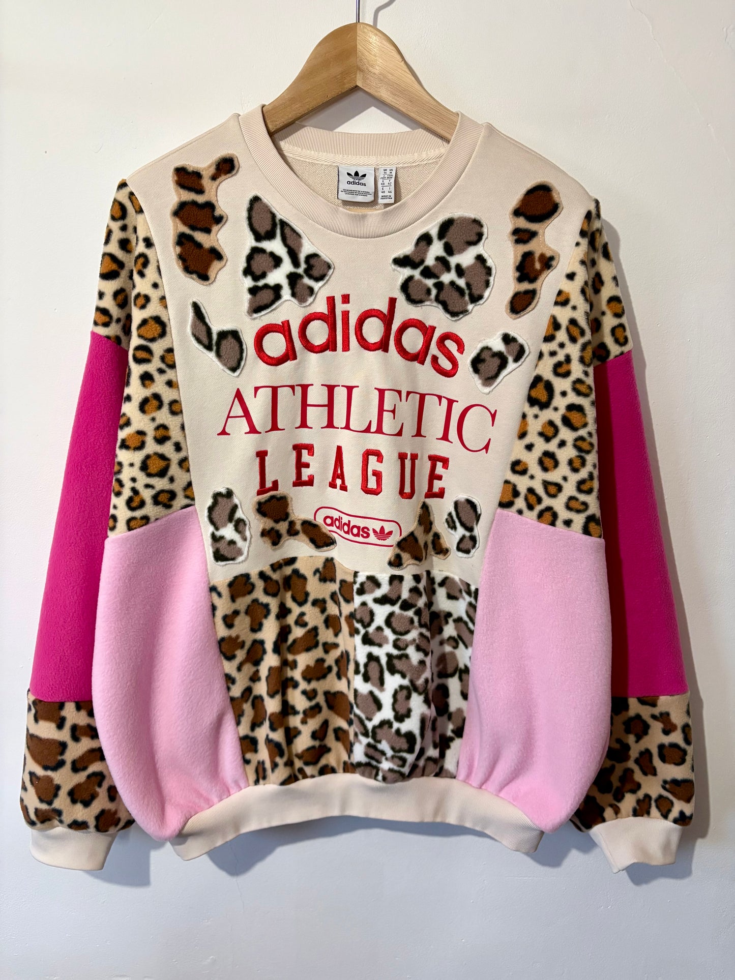 Y2K cream adidas leopard, animal print, pink patchwork fleece sweatshirt.