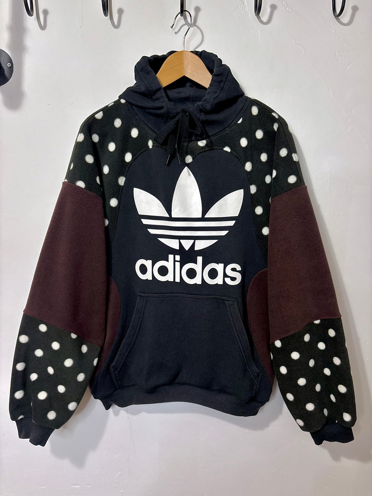 Y2K adidas logo polka dot and brown fleece patchwork hoodie sweatshirt.