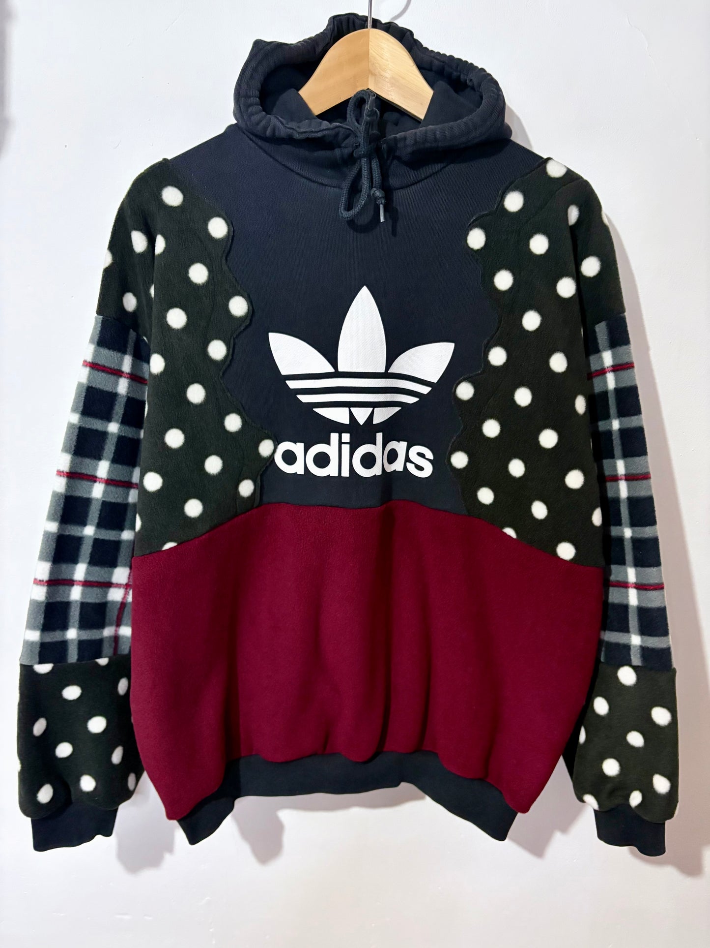 Y2K adidas polka dot, tartan, checked, burgundy fleece patchwork hoodie sweatshirt.