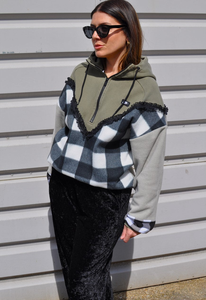 Y2K vintage reworked Nike check lace frill 1/4 zip hoodie.