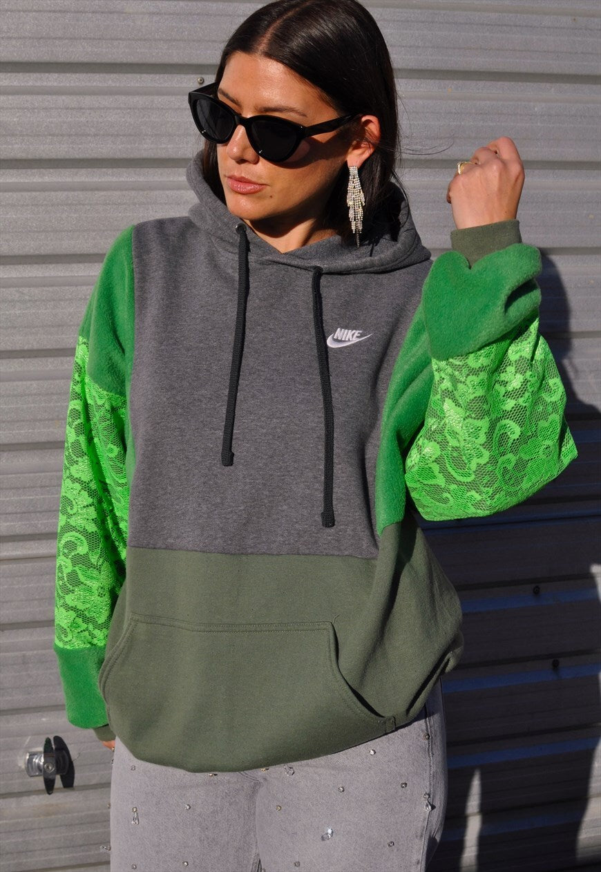 Y2K vintage reworked Nike patchwork green neon lace hoodie.