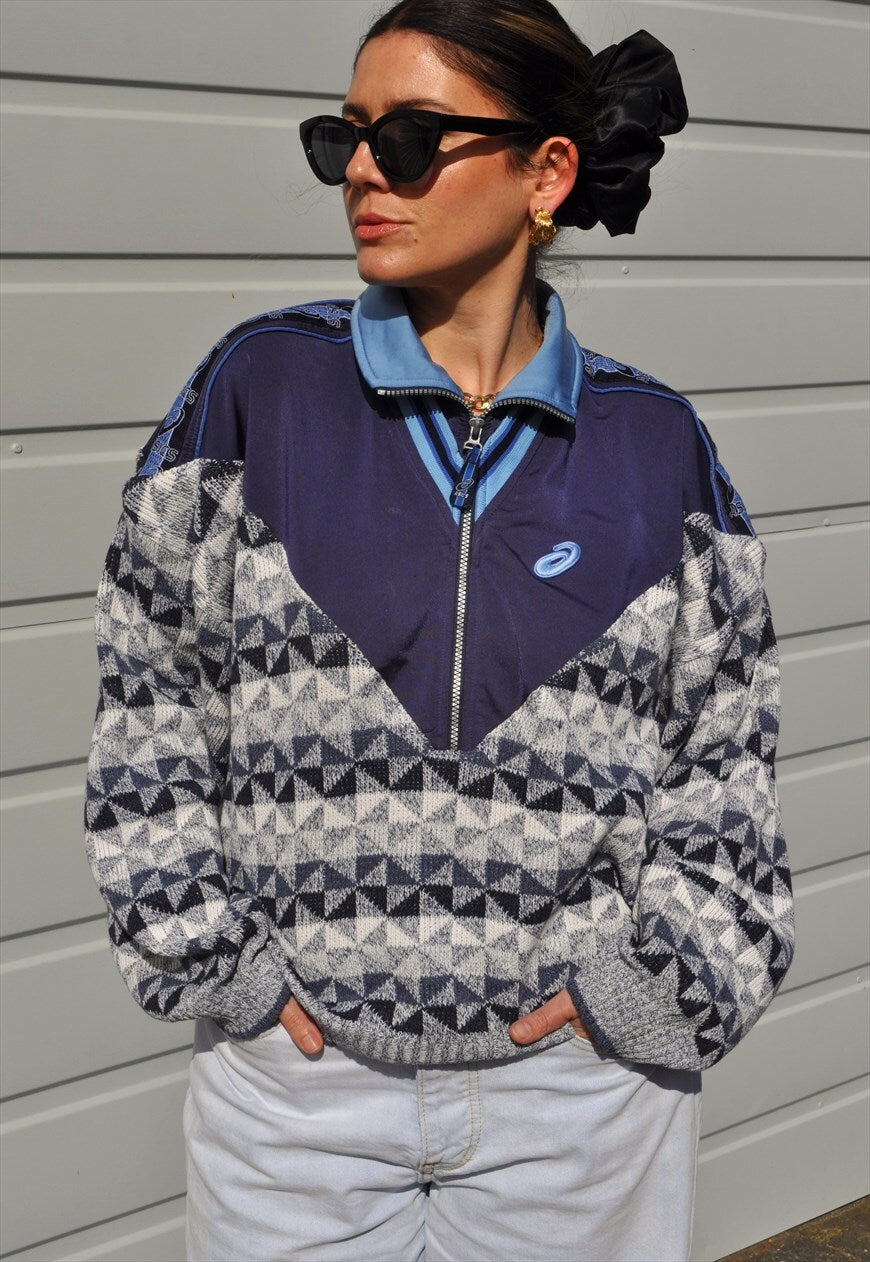 90's vintage Asics reworked track jacket crazy pattern knit.