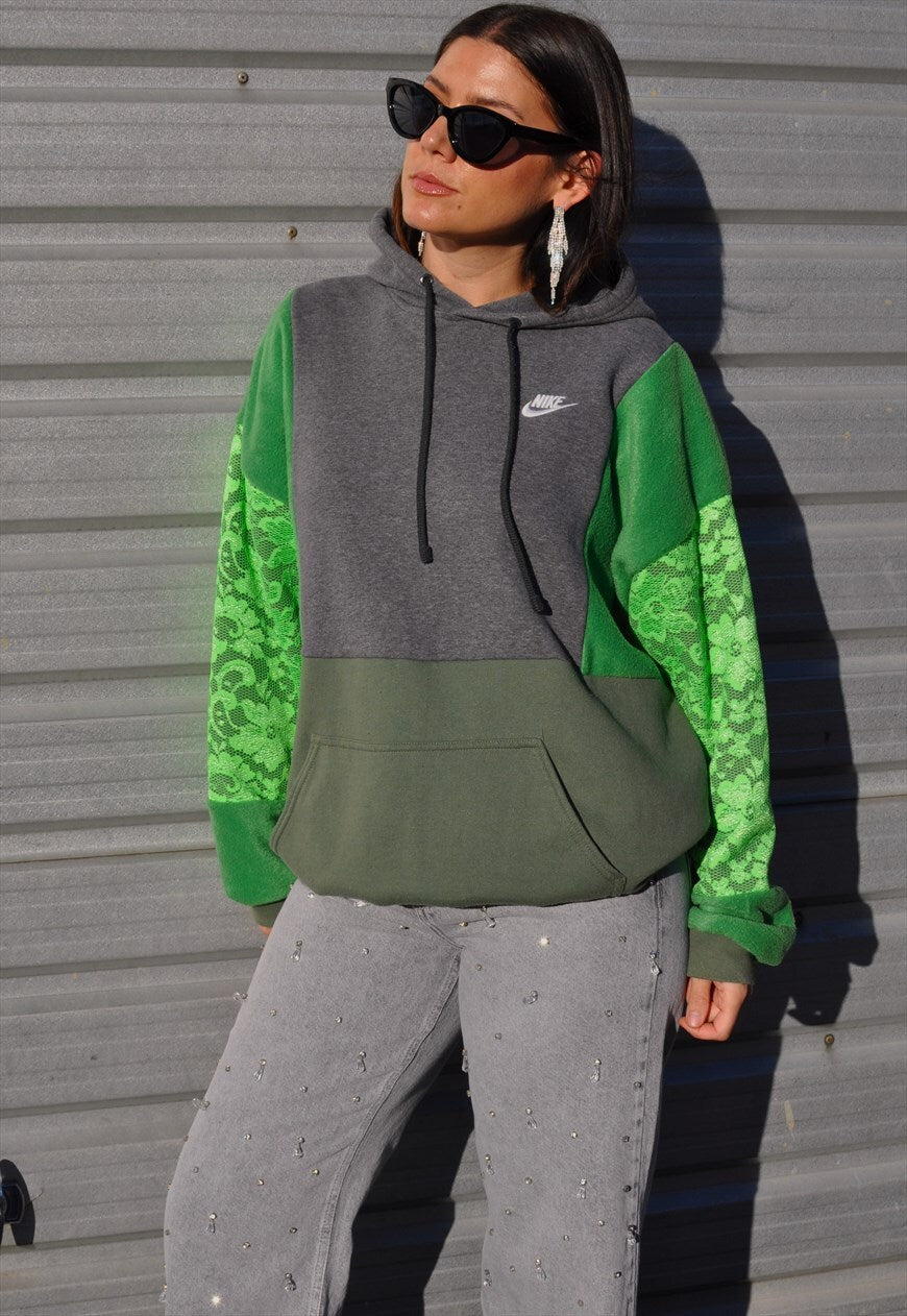 Y2K vintage reworked Nike patchwork green neon lace hoodie.