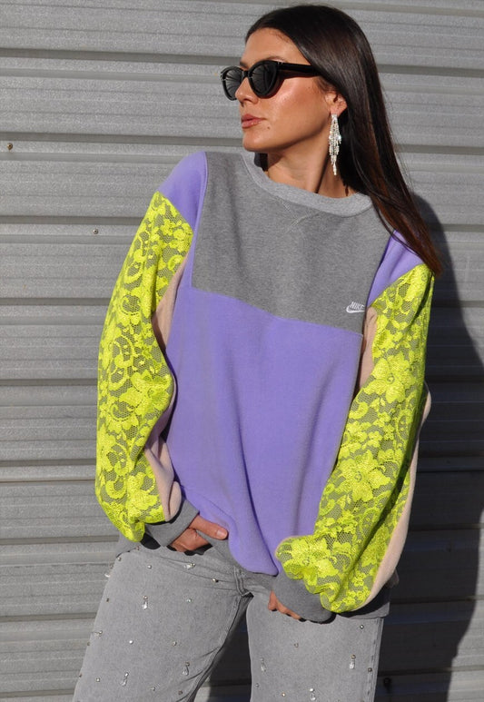 Y2K vintage reworked Nike patchwork neon yellow lace sleeve sweatshirt.