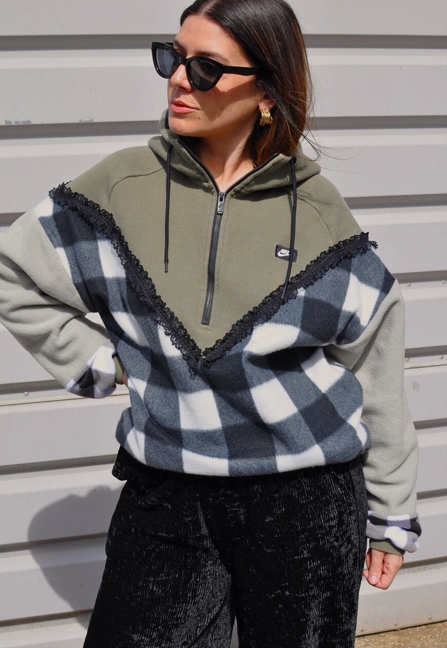 Y2K vintage reworked Nike check lace frill 1/4 zip hoodie.