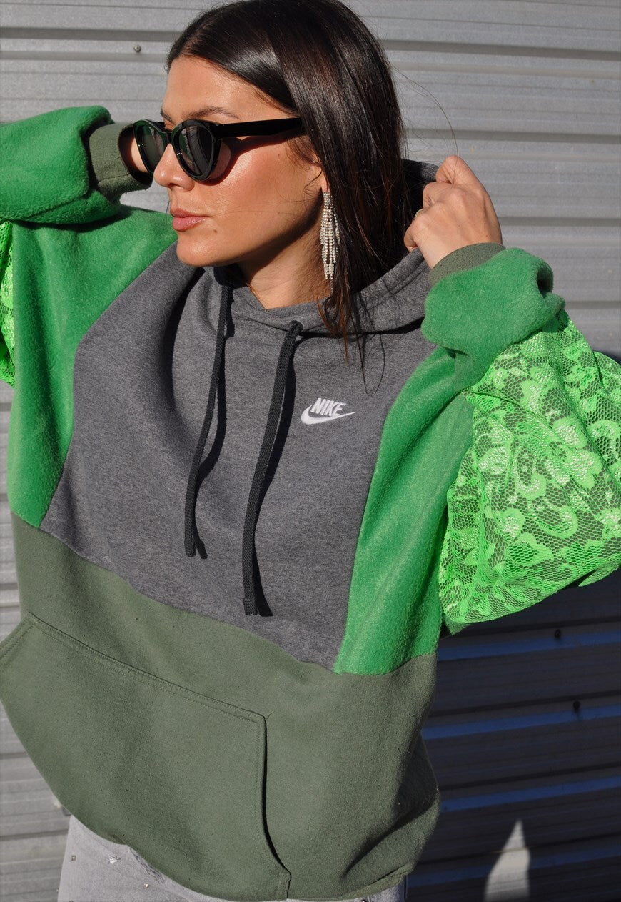 Y2K vintage reworked Nike patchwork green neon lace hoodie.