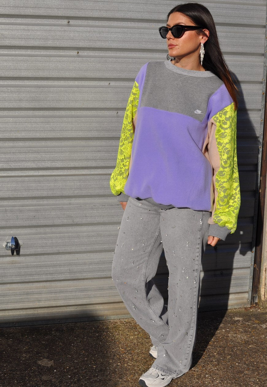 Y2K vintage reworked Nike patchwork neon yellow lace sleeve sweatshirt.